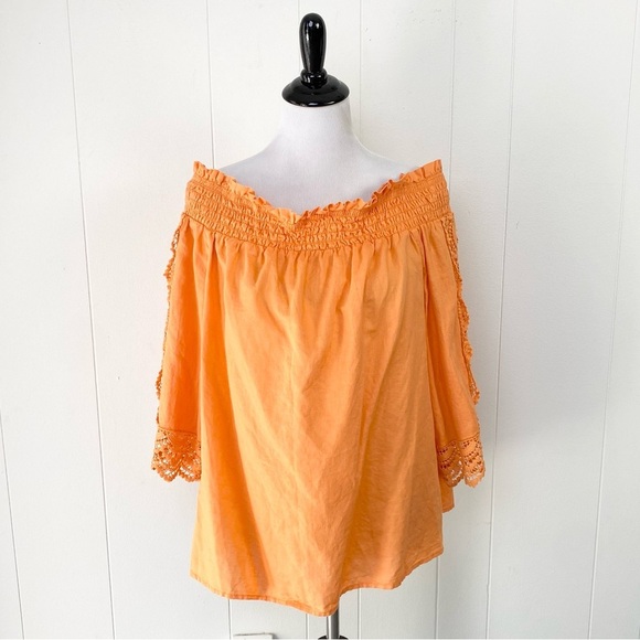 Chicos Bright Orange Linen Blend Off the Shoulder Peasant Top sz 2 / US 12-14 - Picture 1 of 10